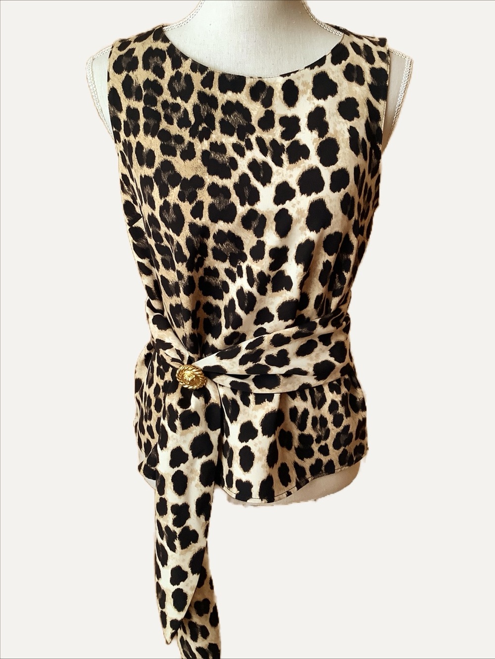 ZARA Leopard Print Sleeveless Blouse Satin Tie Waist Top M Cheetah
